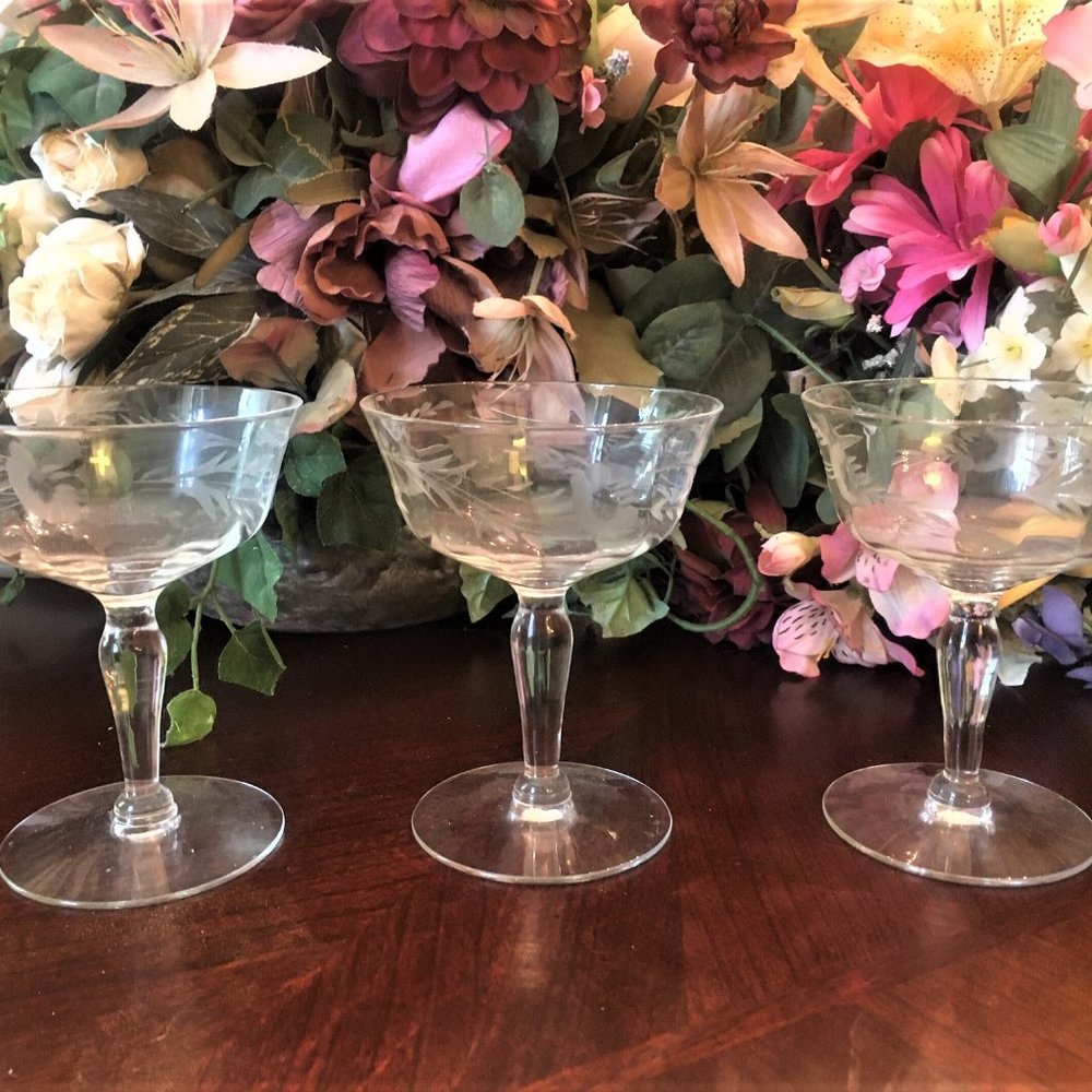Set of 3 Elegant Etched Crystal Stemware 4 1/4" T